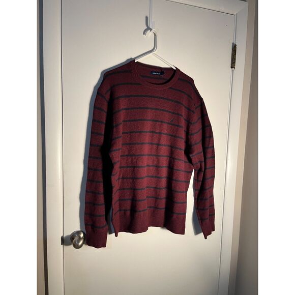 Men Nautica New Burgandy With Navy Blue Stripe Crewneck Sweater SZ XL - Picture 3 of 7